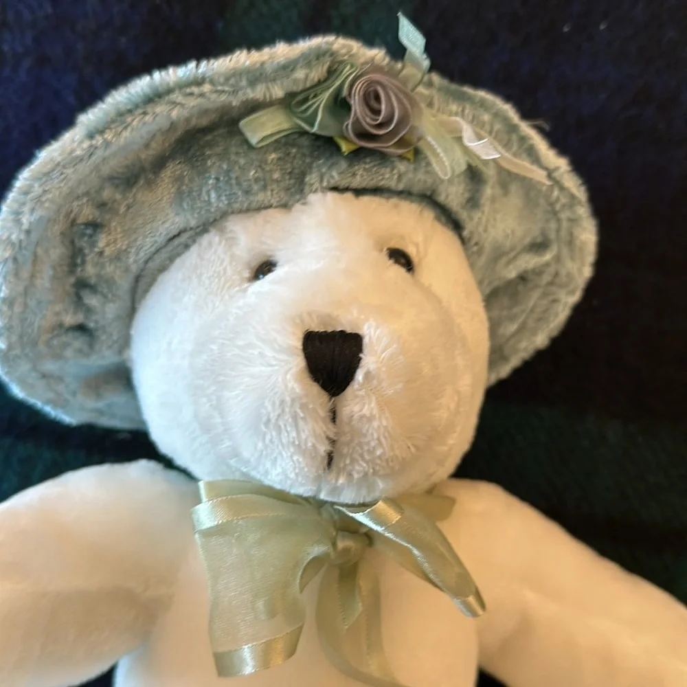 Vintage Dan Dee Rare Victorian White Teddy Bear‎ with Light Blue Velvet Hat 13